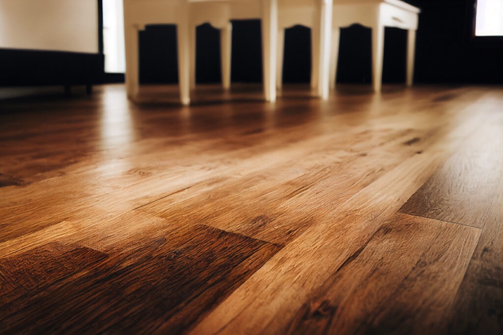Polished hardwood flooring with detailed wood grain and chair legs in soft focus.