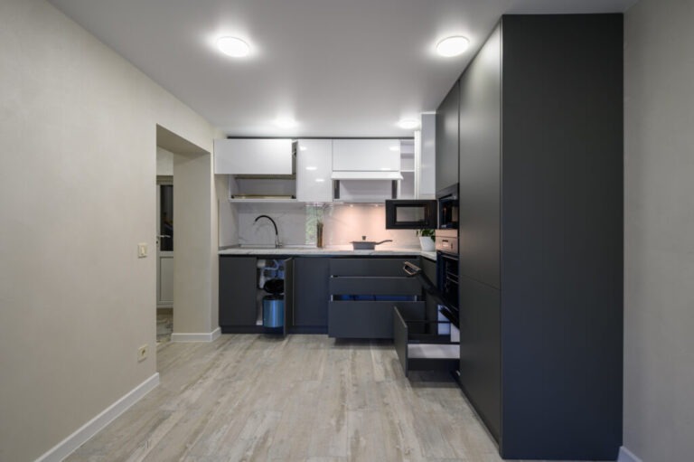 Modern simple trendy dark grey and white kitchen